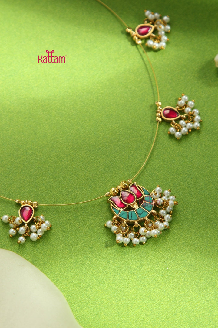 Invisible Kundan Lotus Necklace - Ruby & Lightblue - N3295