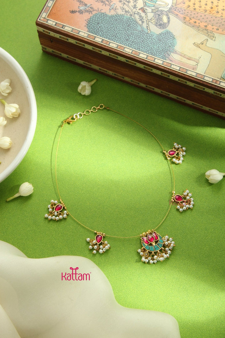 Invisible Kundan Lotus Necklace - Ruby & Lightblue - N3295