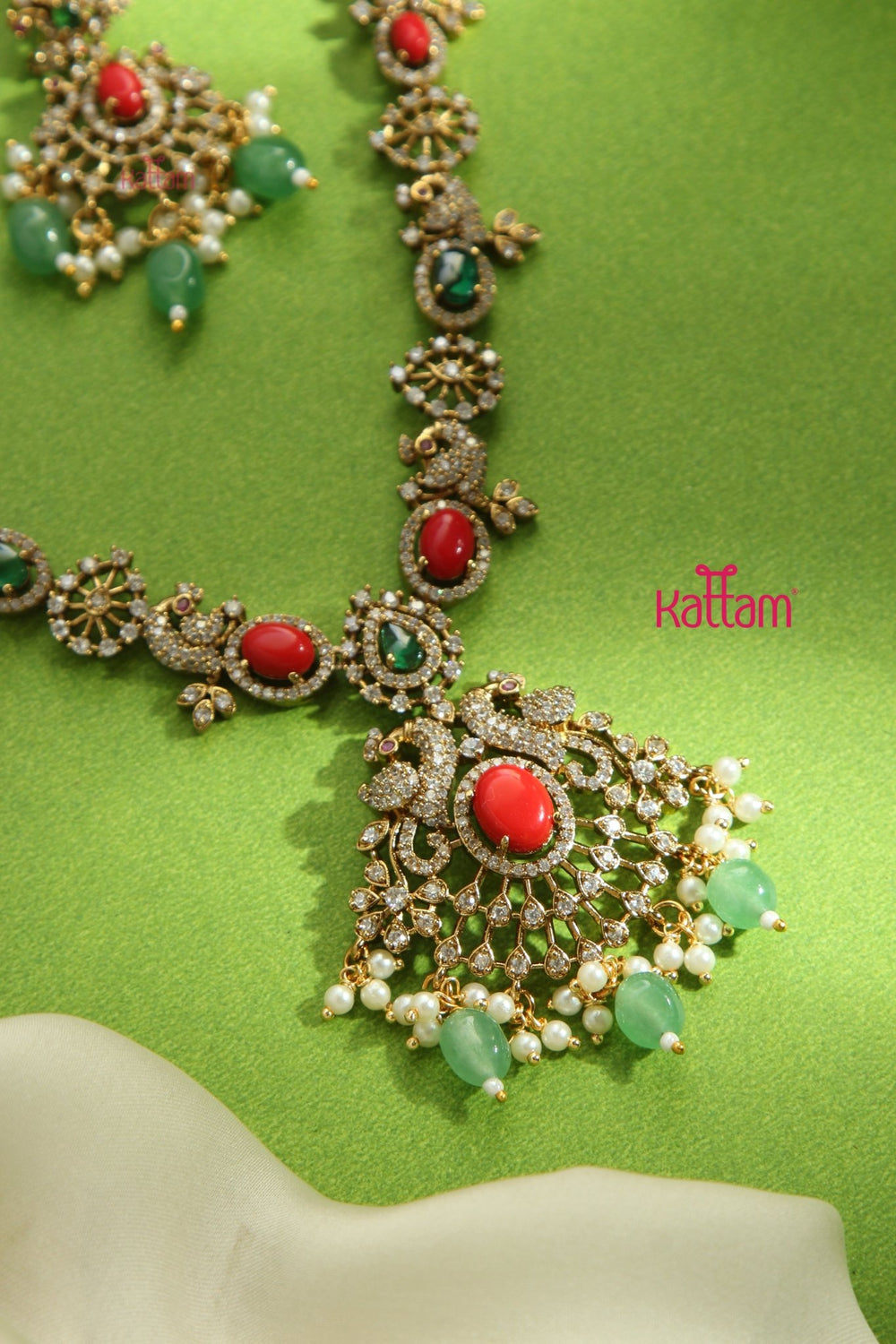 Jasika - AD Multistone Peacock Green Bead Necklace - N5165
