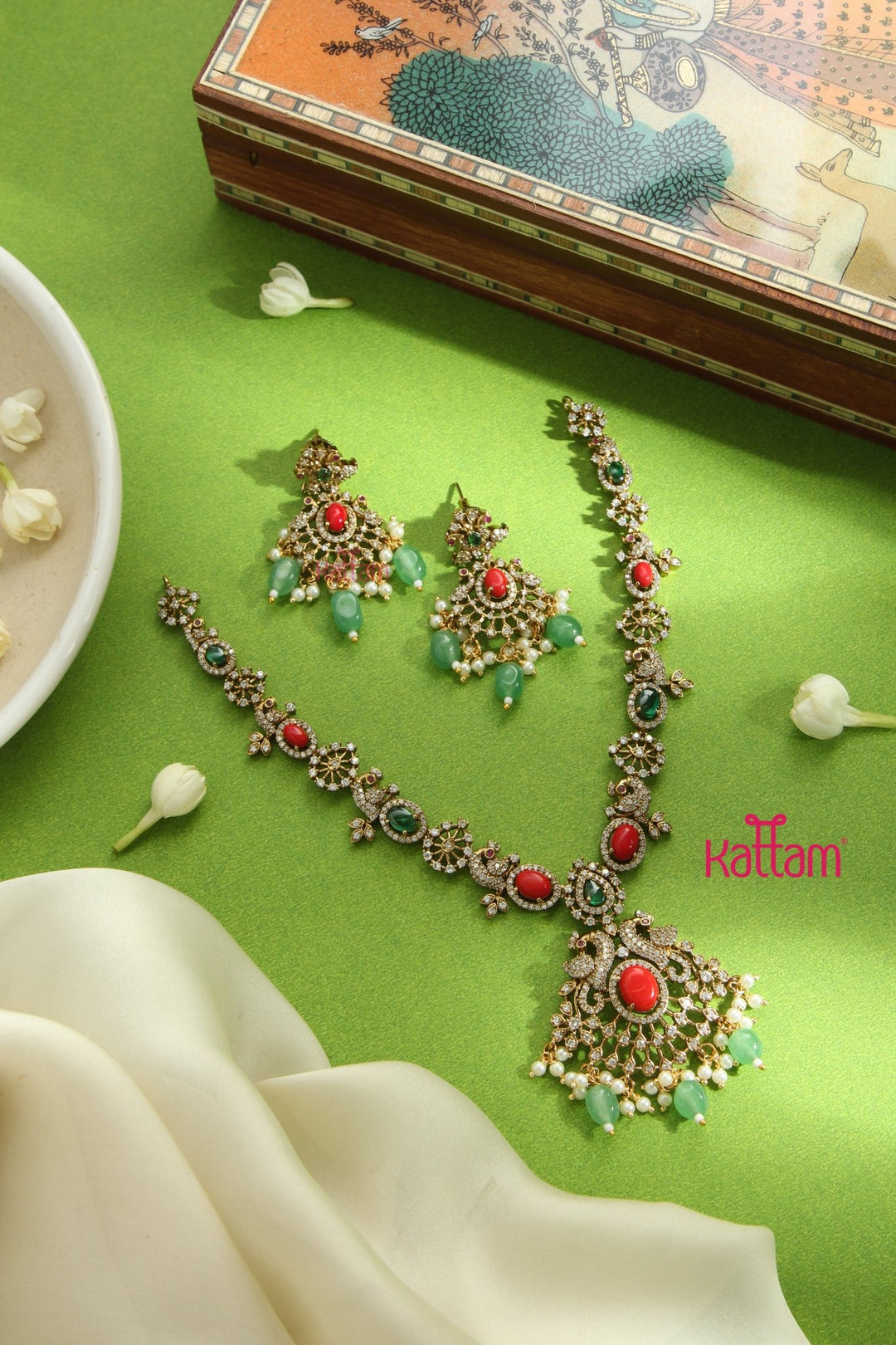 Jasika - AD Multistone Peacock Green Bead Necklace - N5165