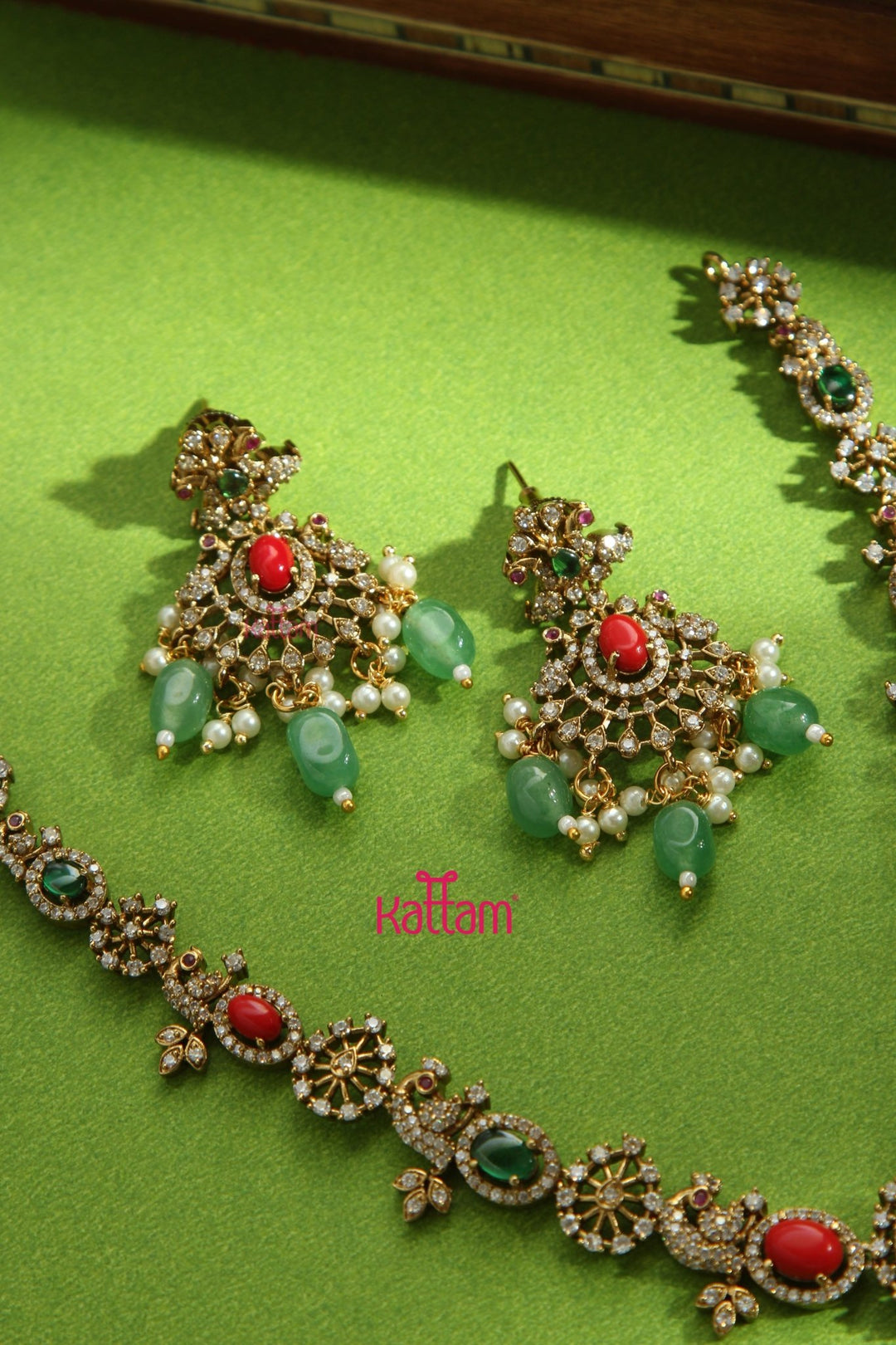 Jasika - AD Multistone Peacock Green Bead Necklace - N5165