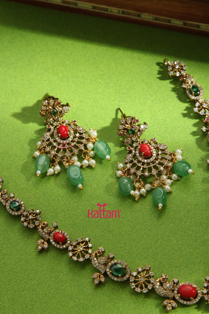Jasika - AD Multistone Peacock Green Bead Necklace - N5165