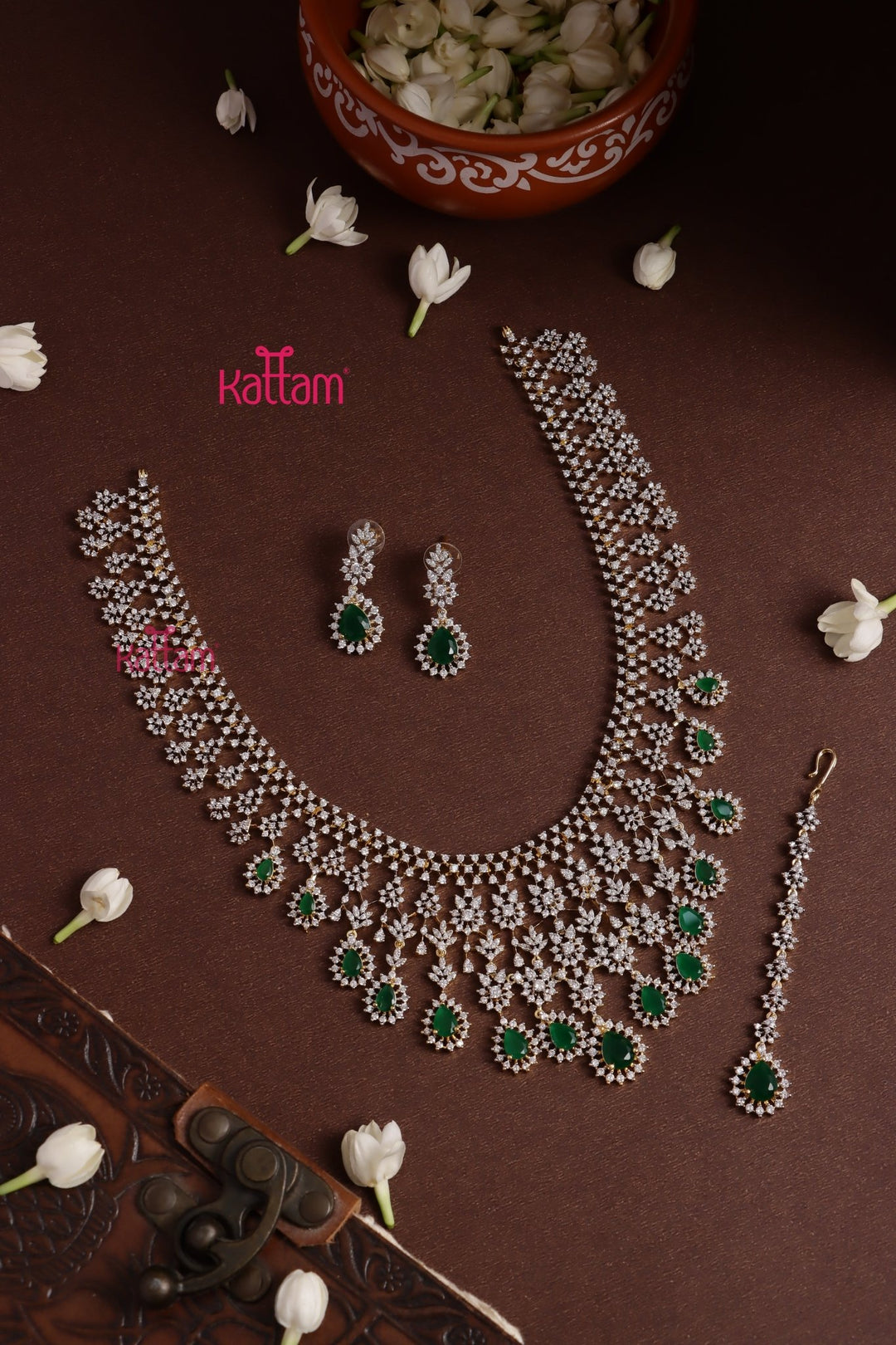 Karina - AD Green Drop Bridal Haram With Tikka Set - N5329