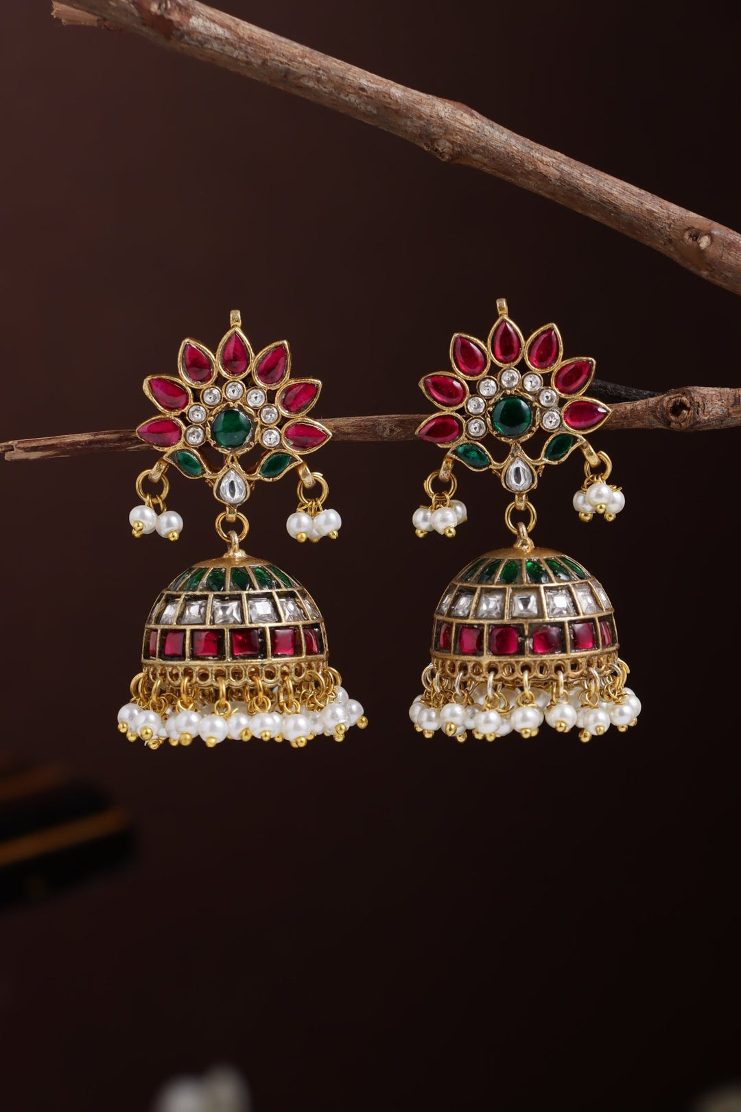 Kundan Feather Pearl Jhumka - E1276