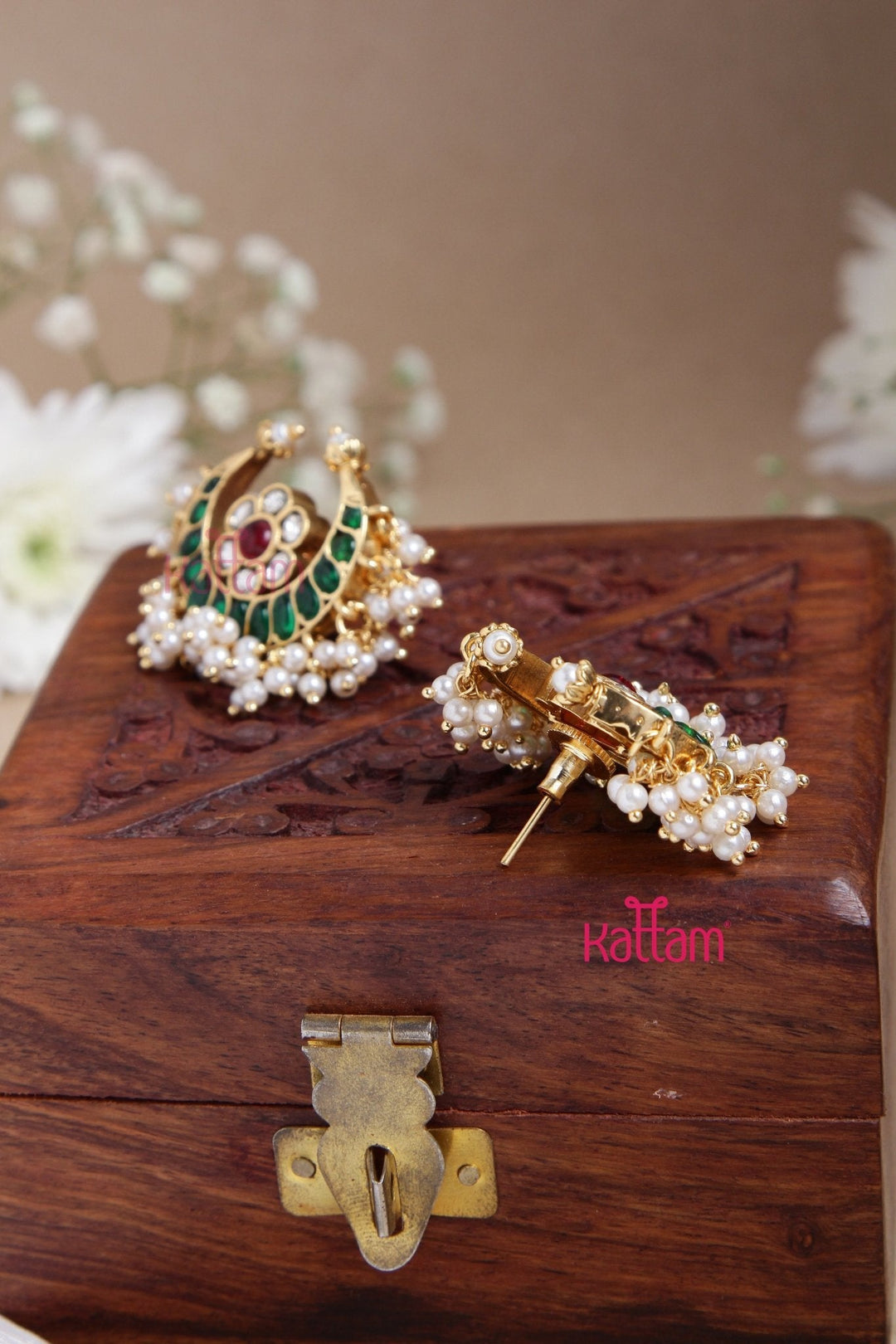 Kundan Green Halfmoon Pearl Earring - E873