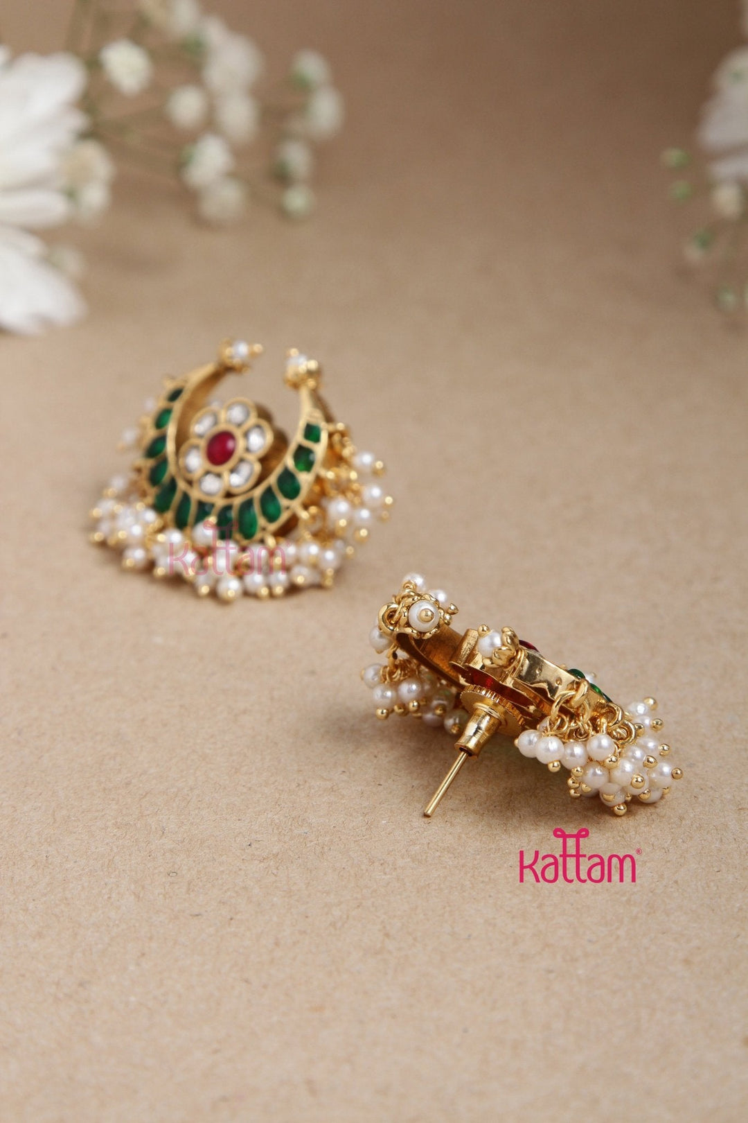 Kundan Green Halfmoon Pearl Earring - E873