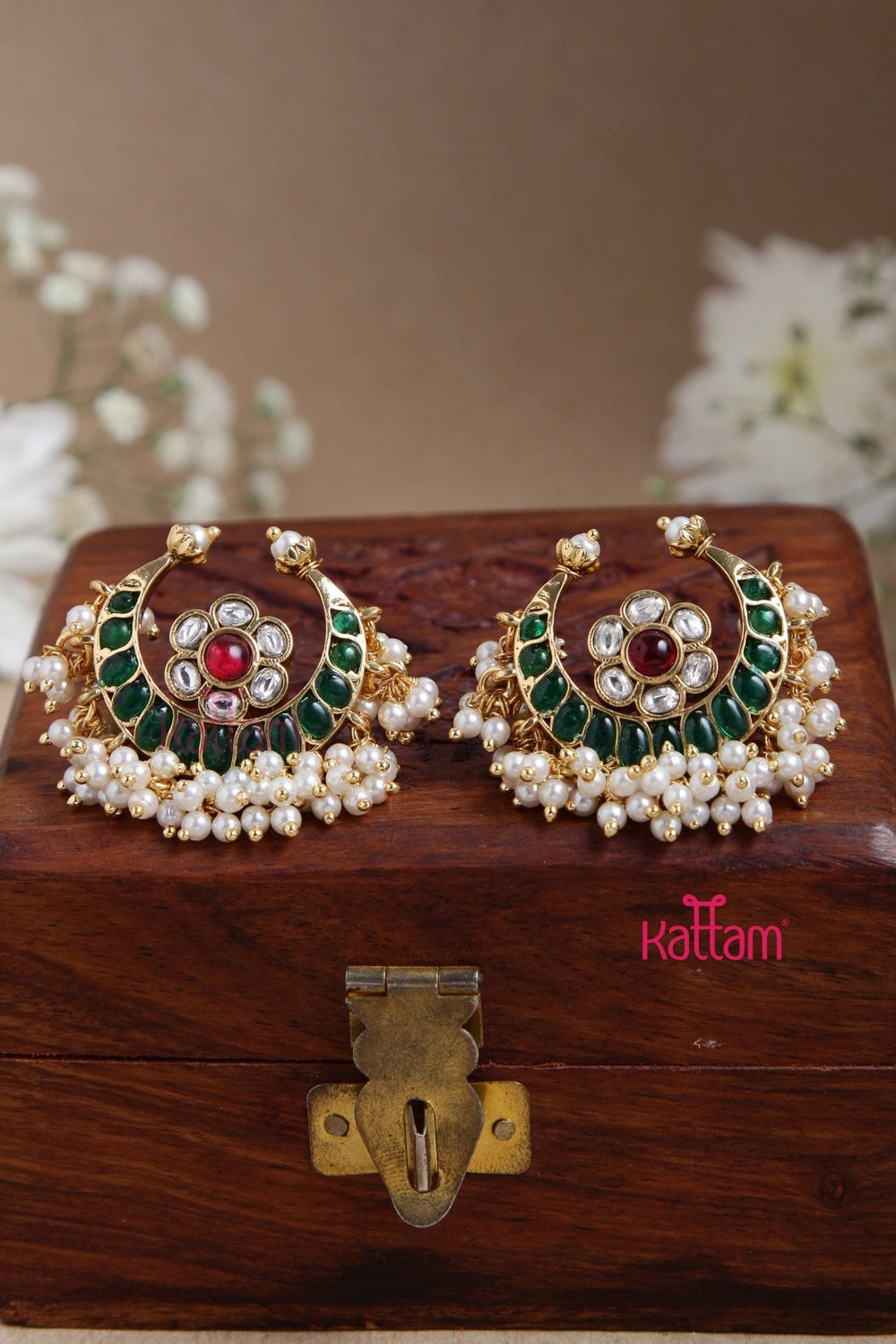 Kundan Green Halfmoon Pearl Earring - E873
