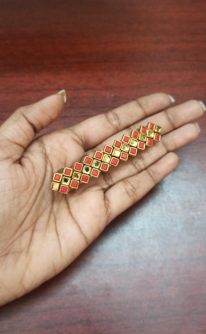 Kundan Hair Clip - Shades of Mixed Red - 