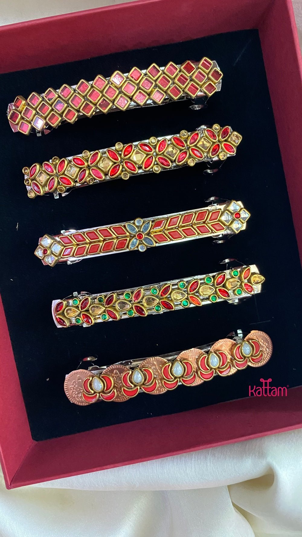 Kundan Hair Clip - Shades of Mixed Red - HC030