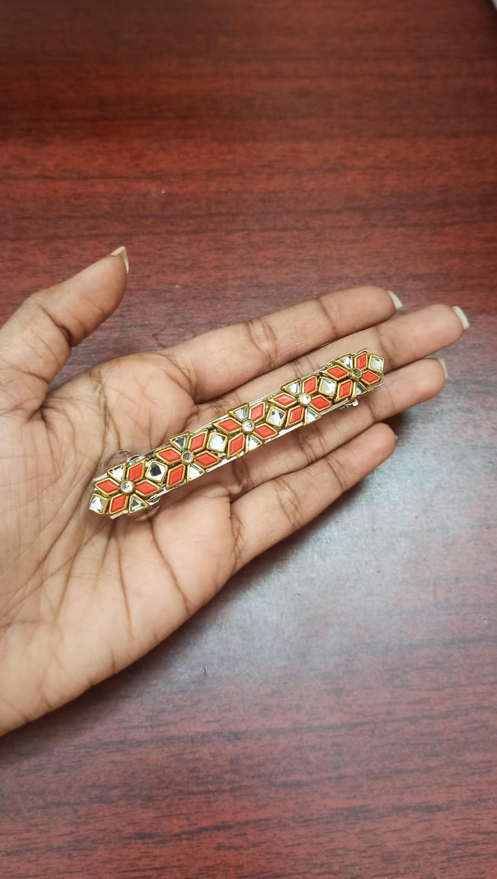 Kundan Hair Clip - Shades of Mixed Red - 