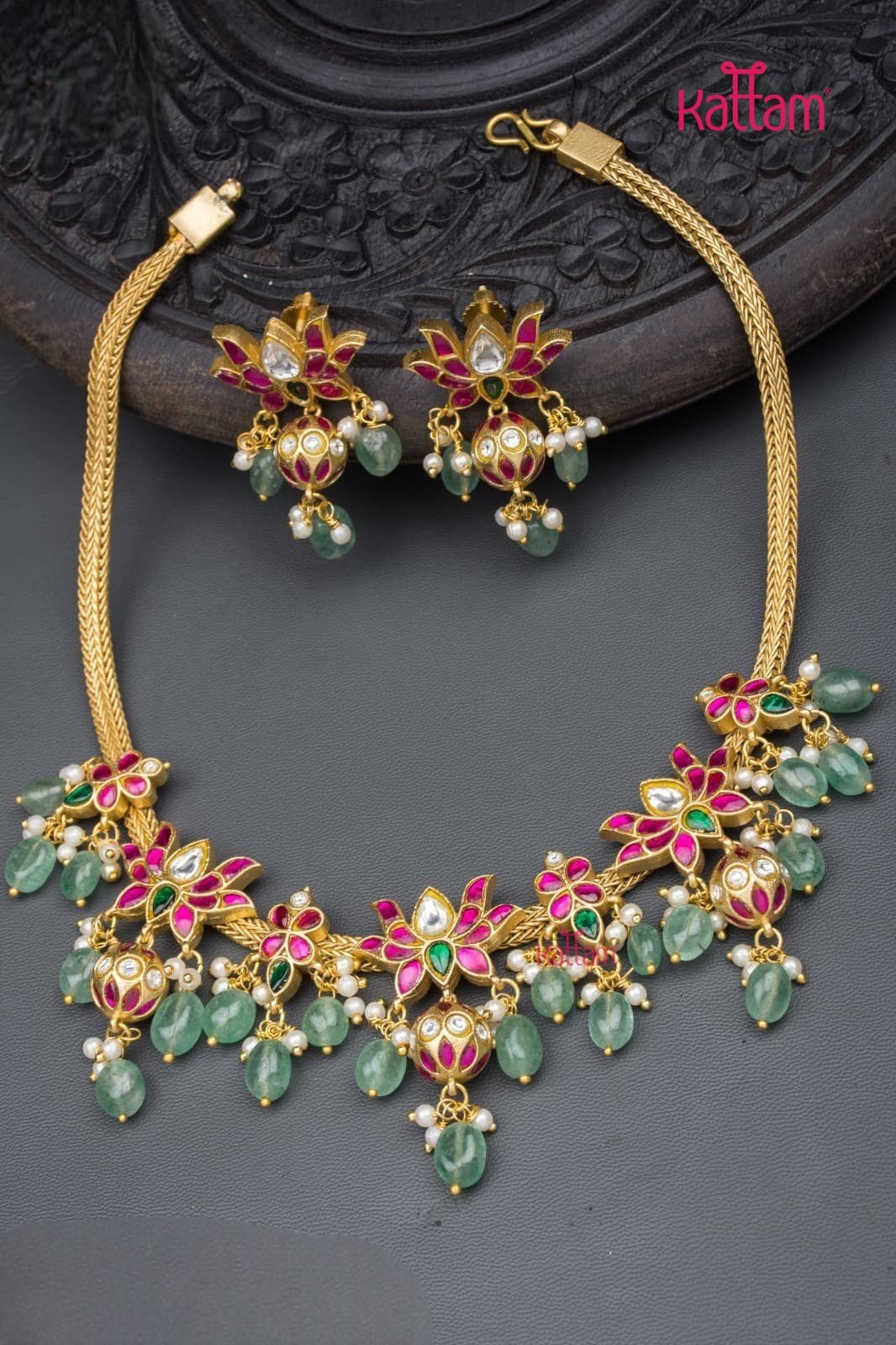 Kundan Jadau Lotus Beaded Choker - N3663