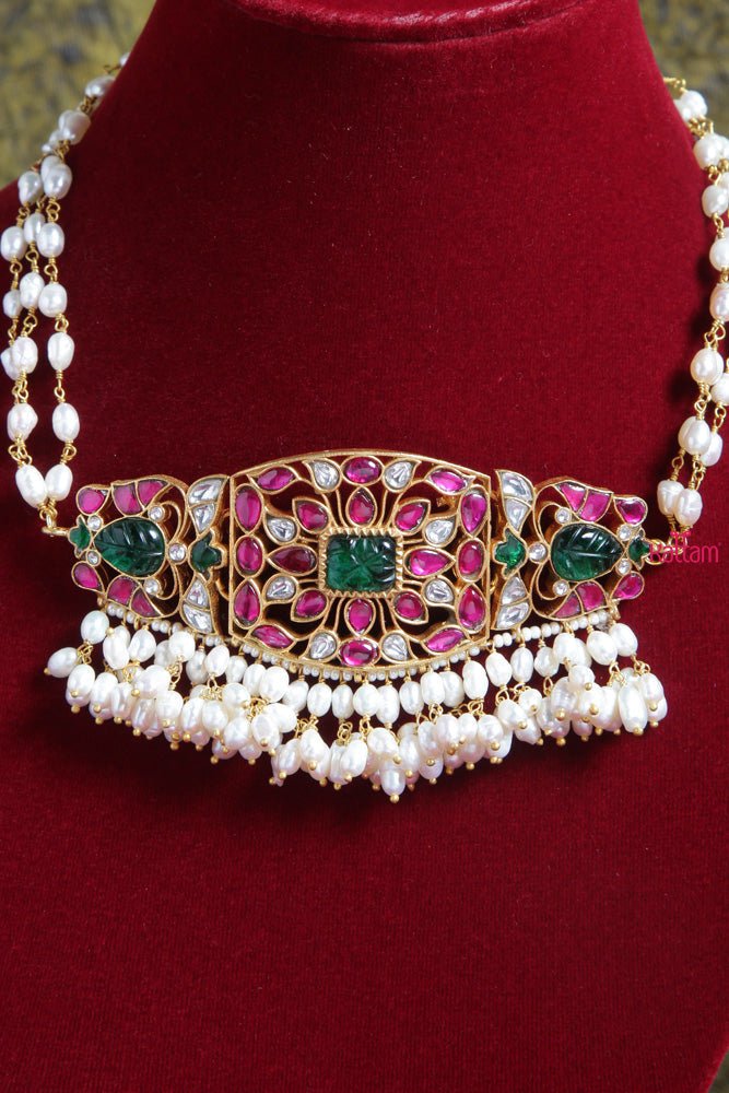 Kundan Jadau Rice Pearl Rectangle Choker - N1717