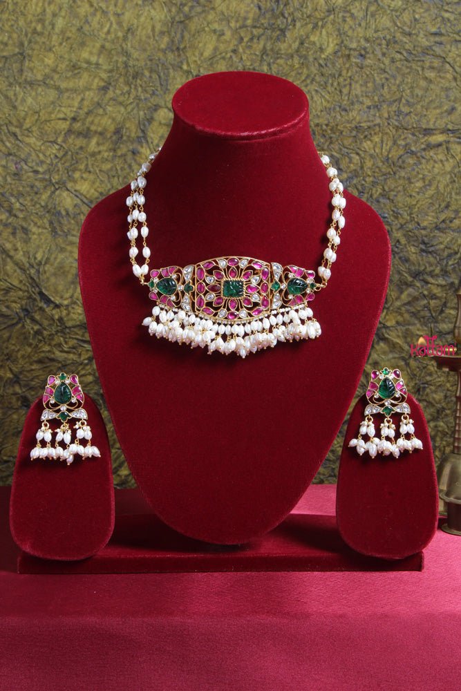 Kundan Jadau Rice Pearl Rectangle Choker - N1717