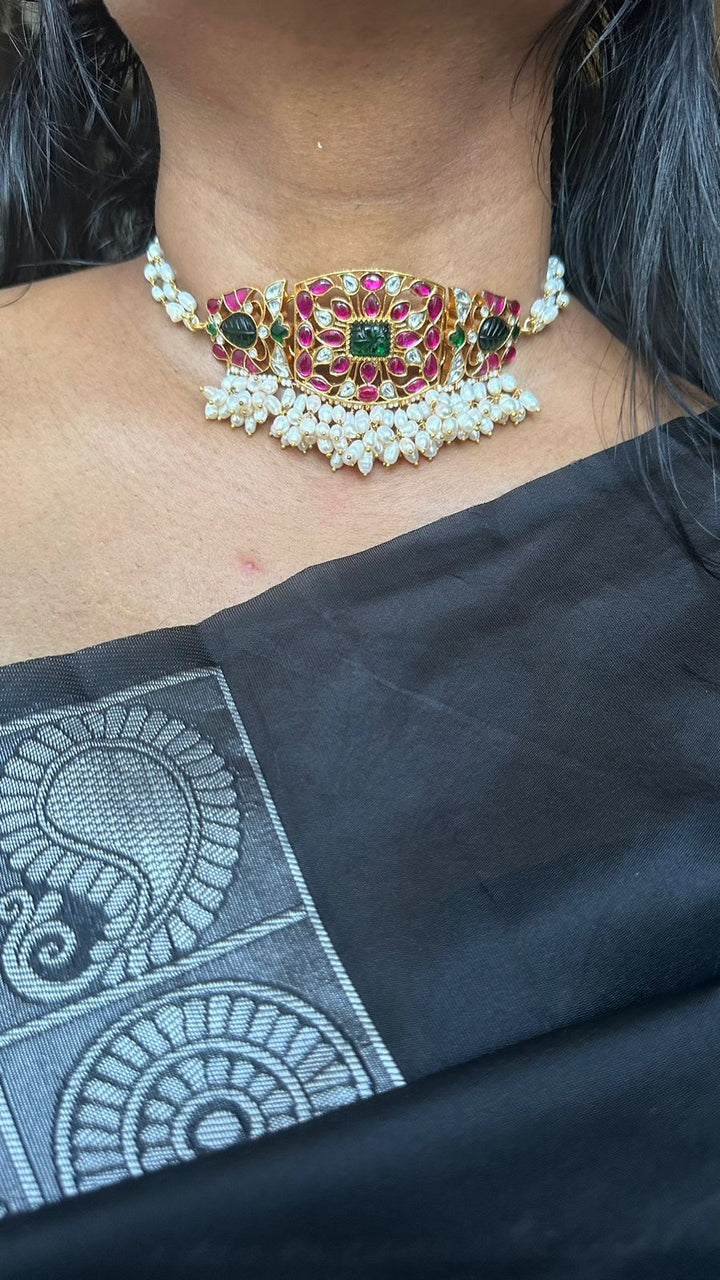 Kundan Jadau Rice Pearl Rectangle Choker - N1717