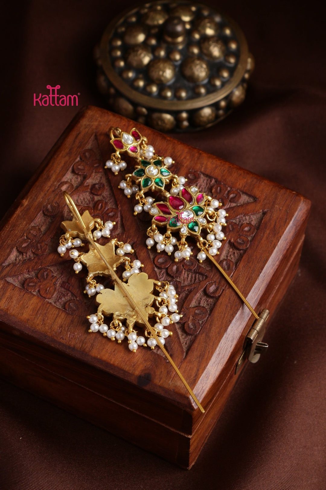 Kundan Lotus Floral Needle Ear Cuff Earrings - E1305