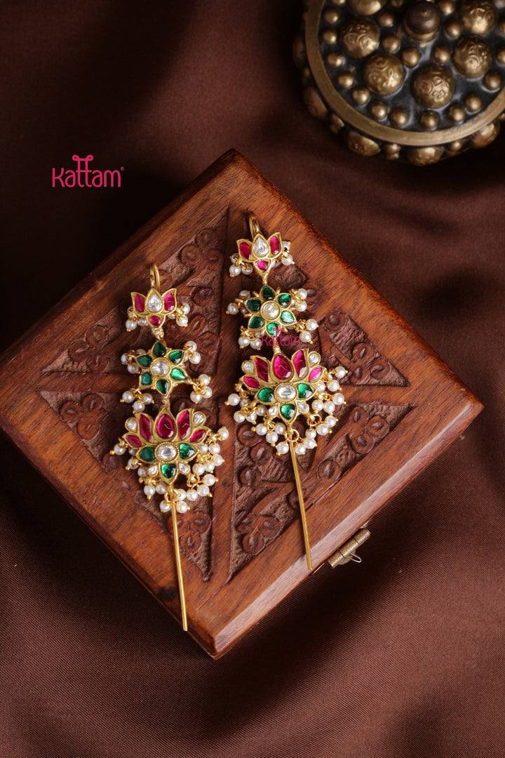 Kundan Lotus Floral Needle Ear Cuff Earrings - E1305