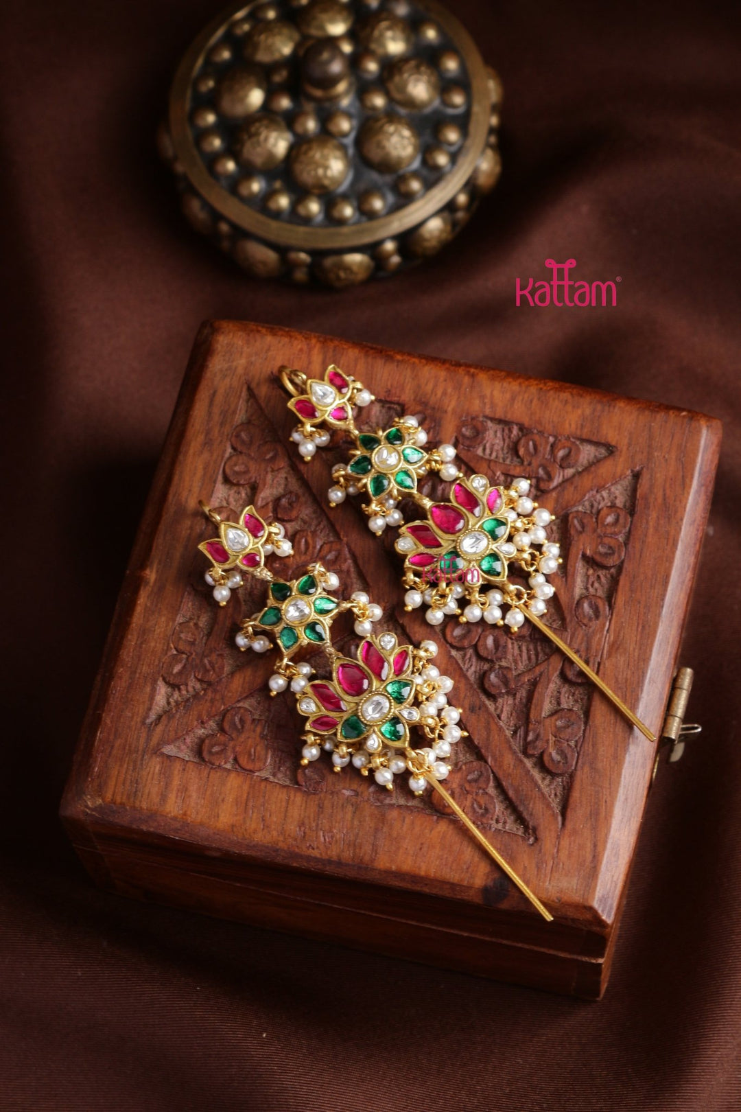 Kundan Lotus Floral Needle Ear Cuff Earrings - E1305