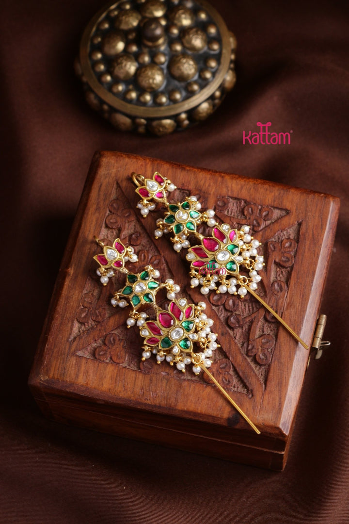 Kundan Lotus Floral Needle Ear Cuff Earrings - E1305