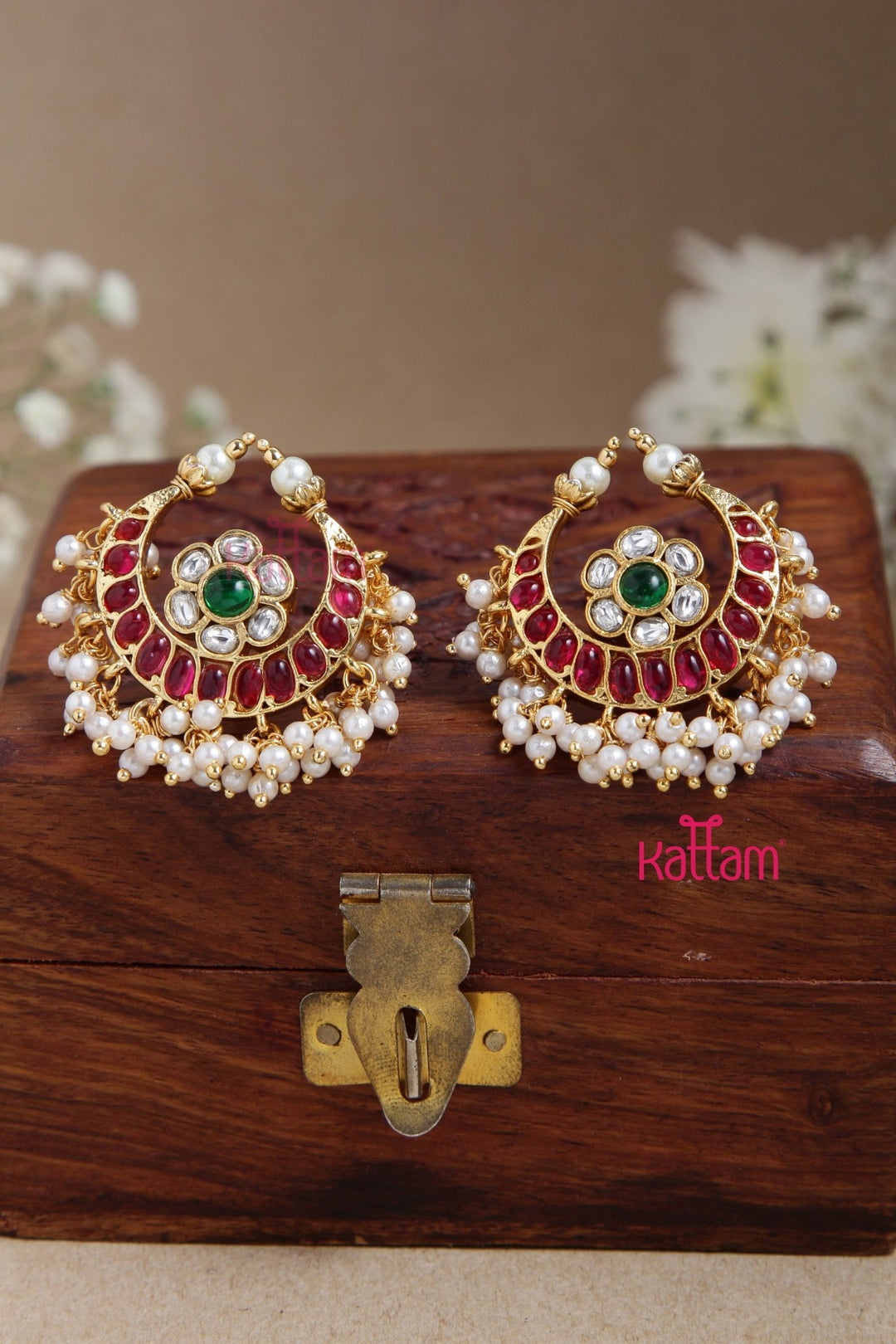 Kundan Ruby Halfmoon Pearl Earring - E872