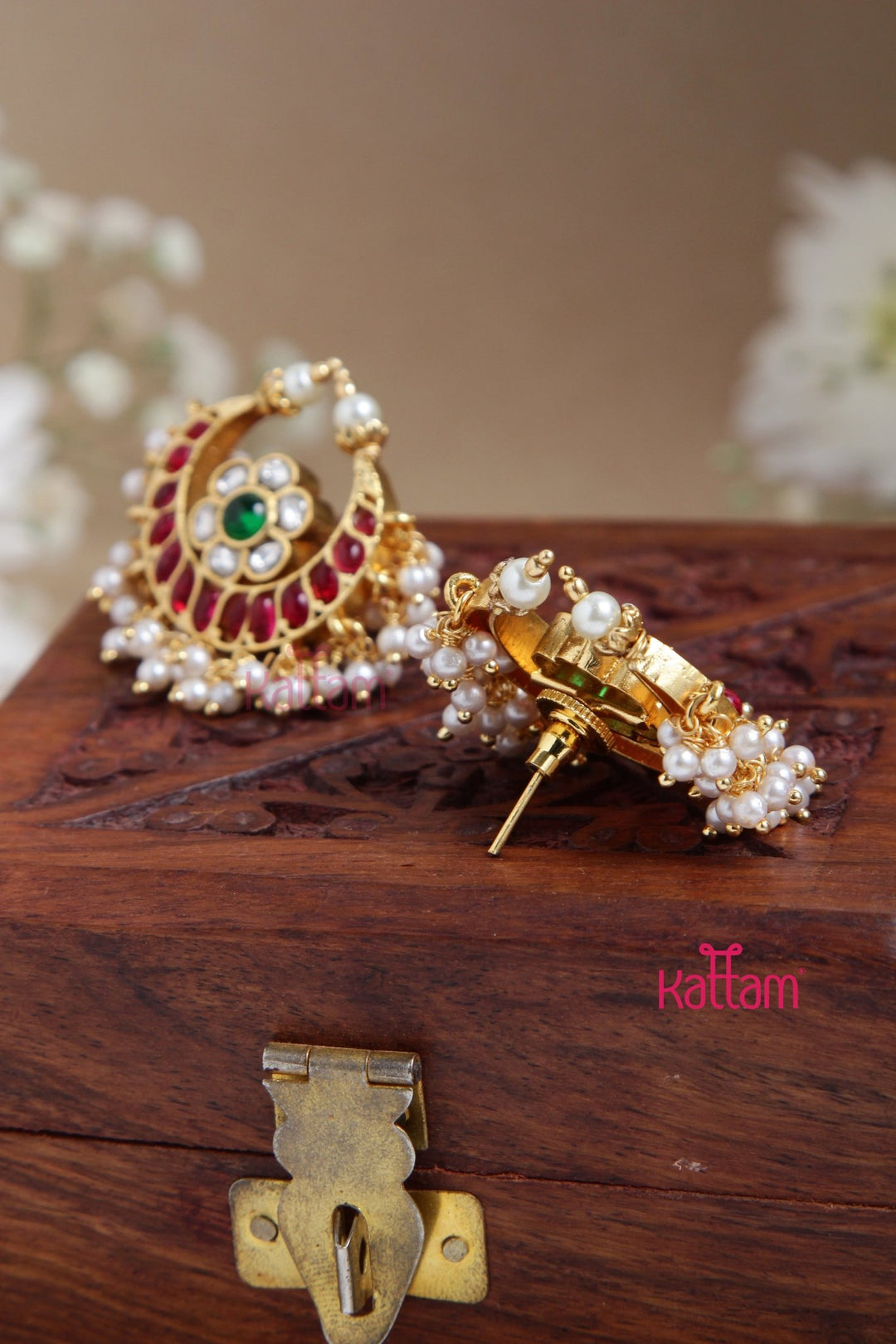 Kundan Ruby Halfmoon Pearl Earring - E872