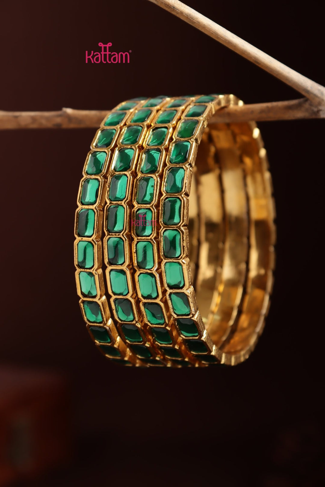 Kundan Stone Rectanguler Bangle - Green - B638-V4