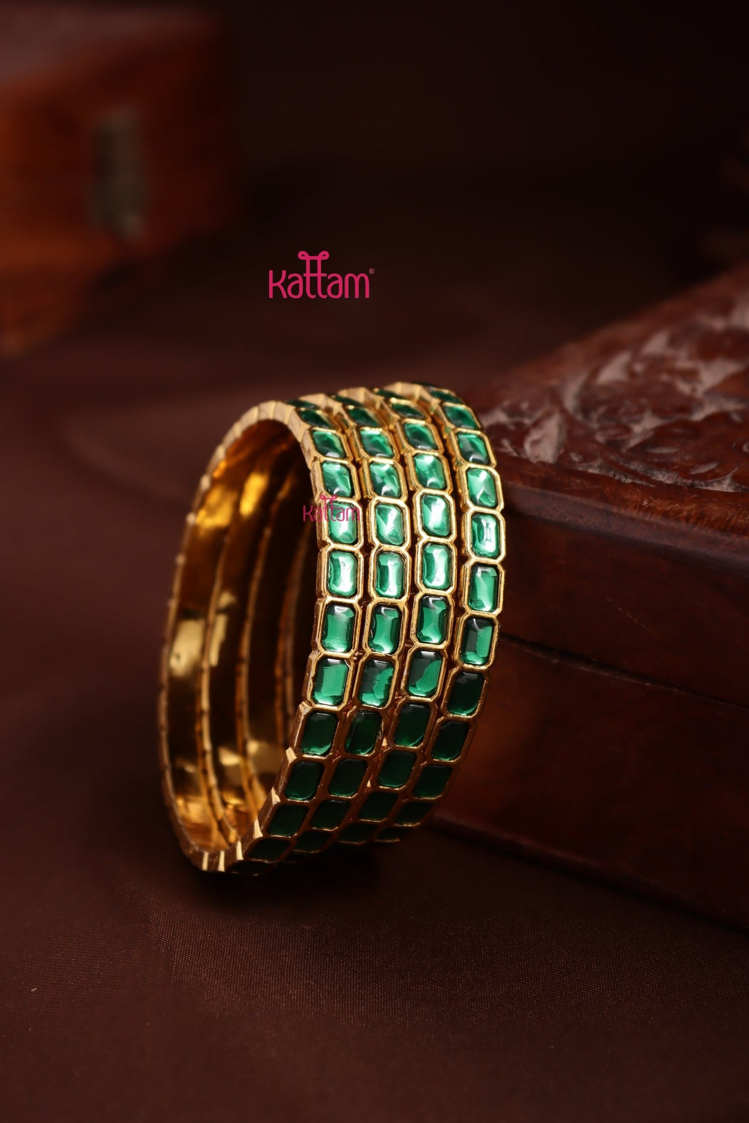Kundan Stone Rectanguler Bangle - Green - B638-V4