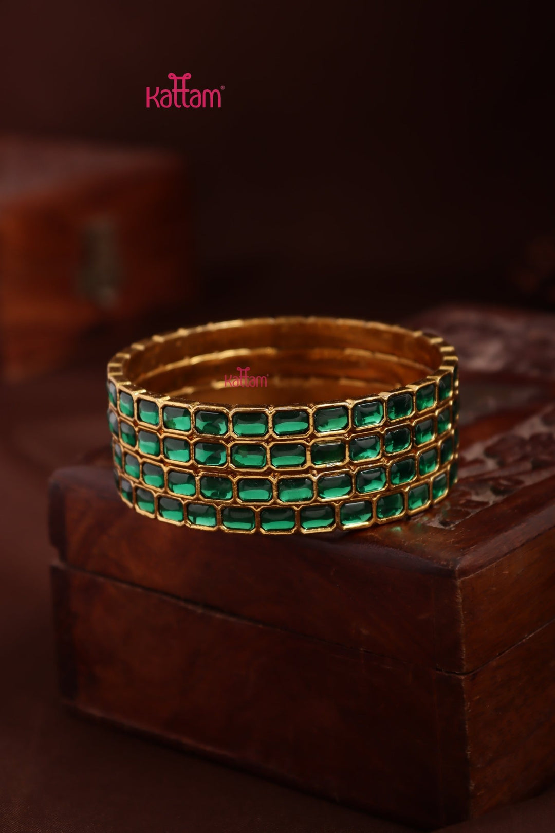 Kundan Stone Rectanguler Bangle - Green - B638-V4