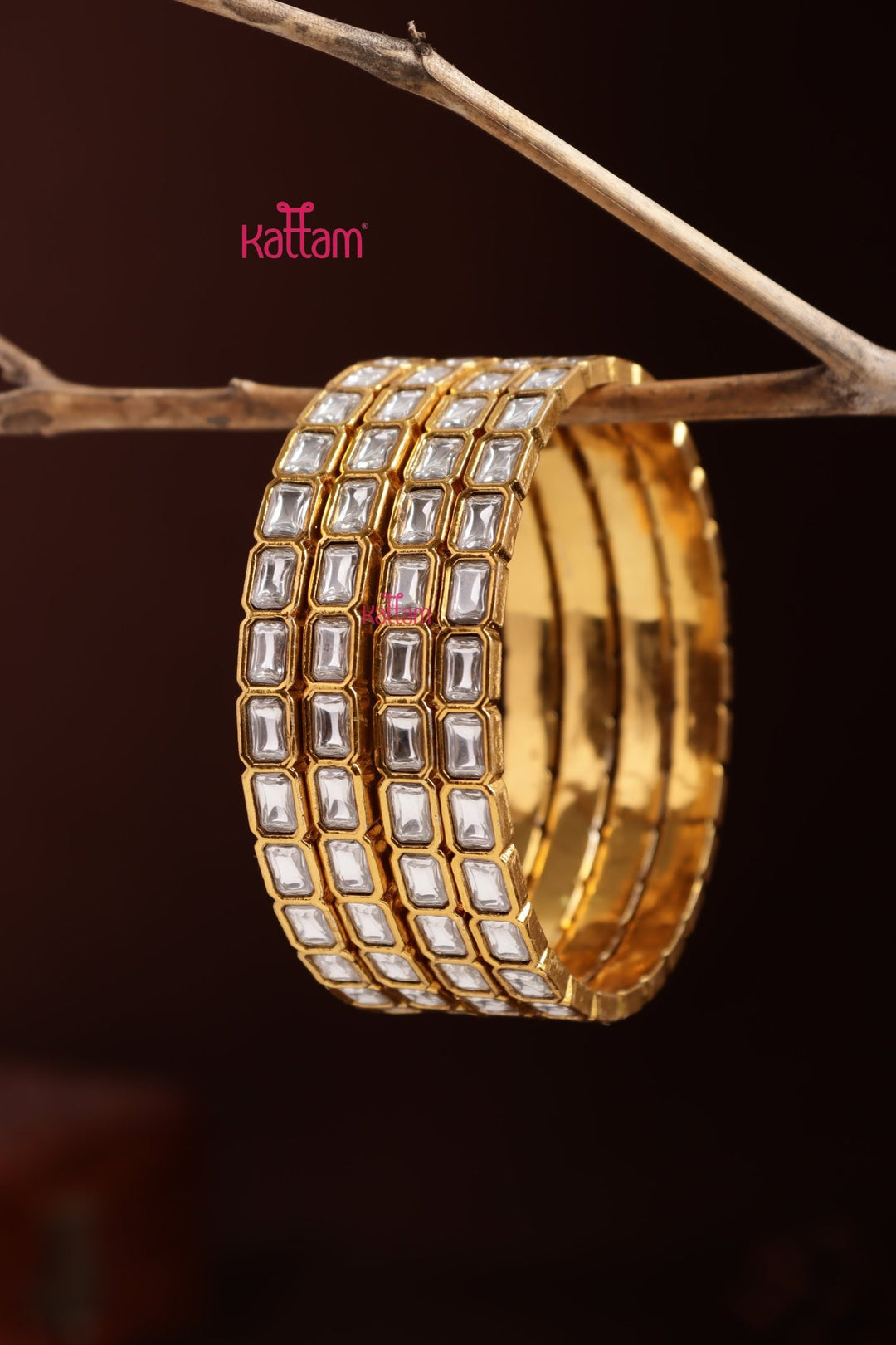 Kundan Stone Rectanguler Bangle - White - B639-V4