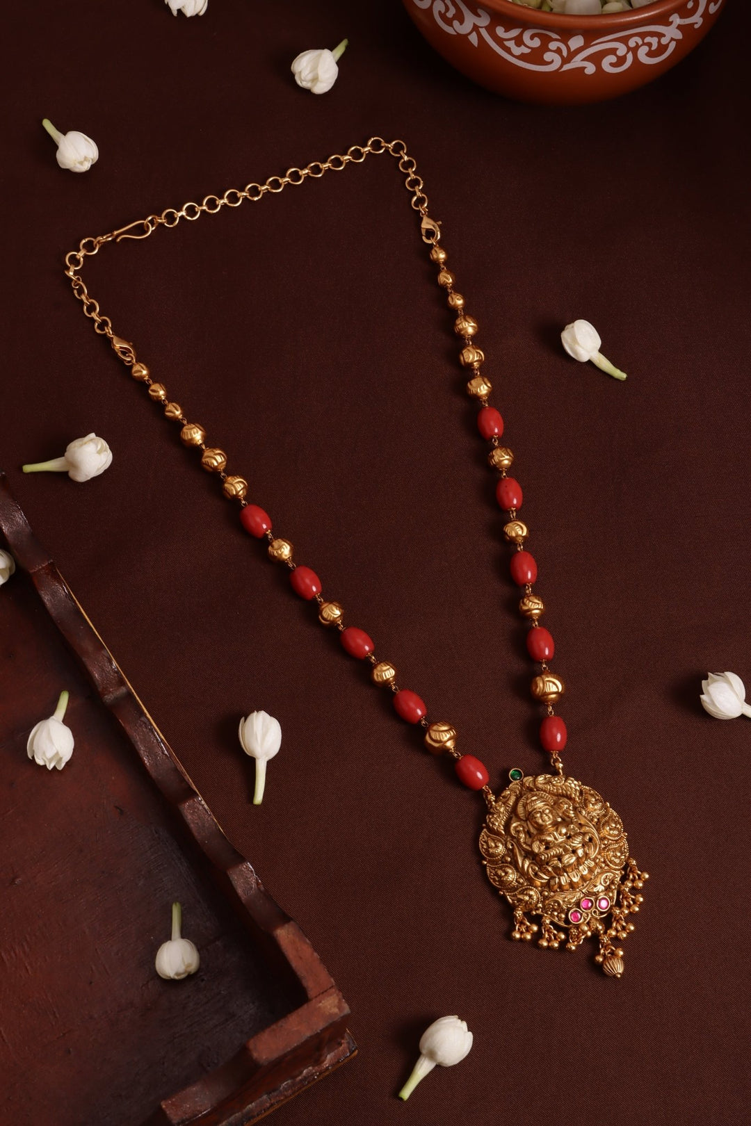 Lakshmi Pendant Ball Coral Chain ( No Earrings ) - N4114