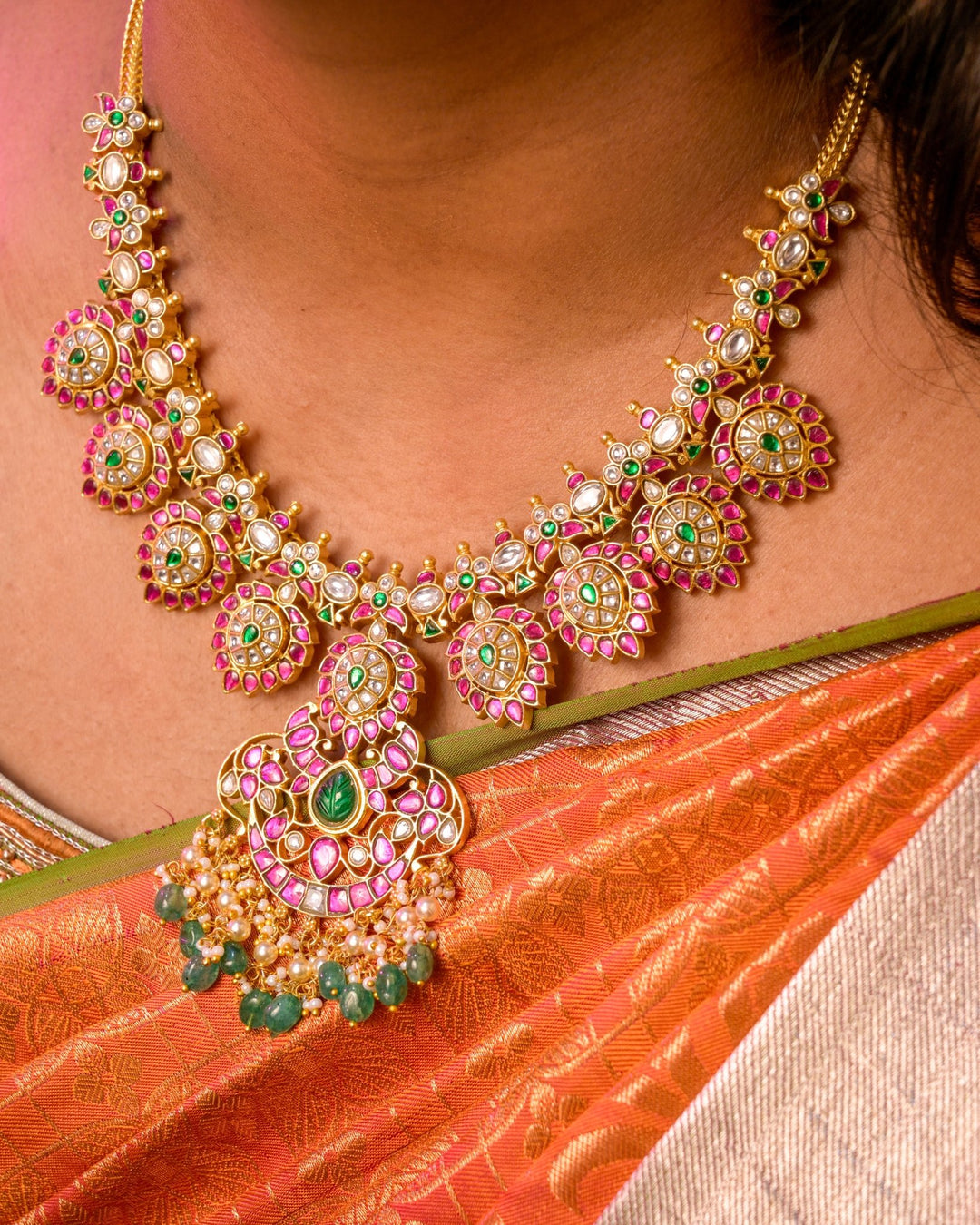 Leaf Green Bead Kundan Necklace ( No Earring ) - N4158