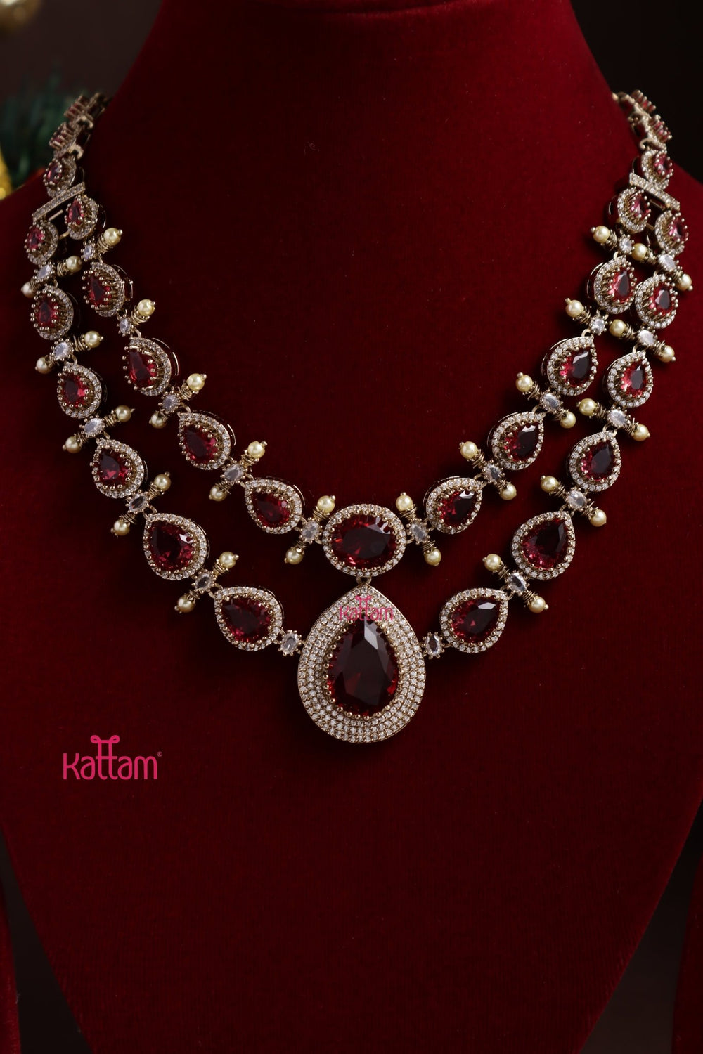 Liya - AD Ruby Layered Stone Necklace - N5373