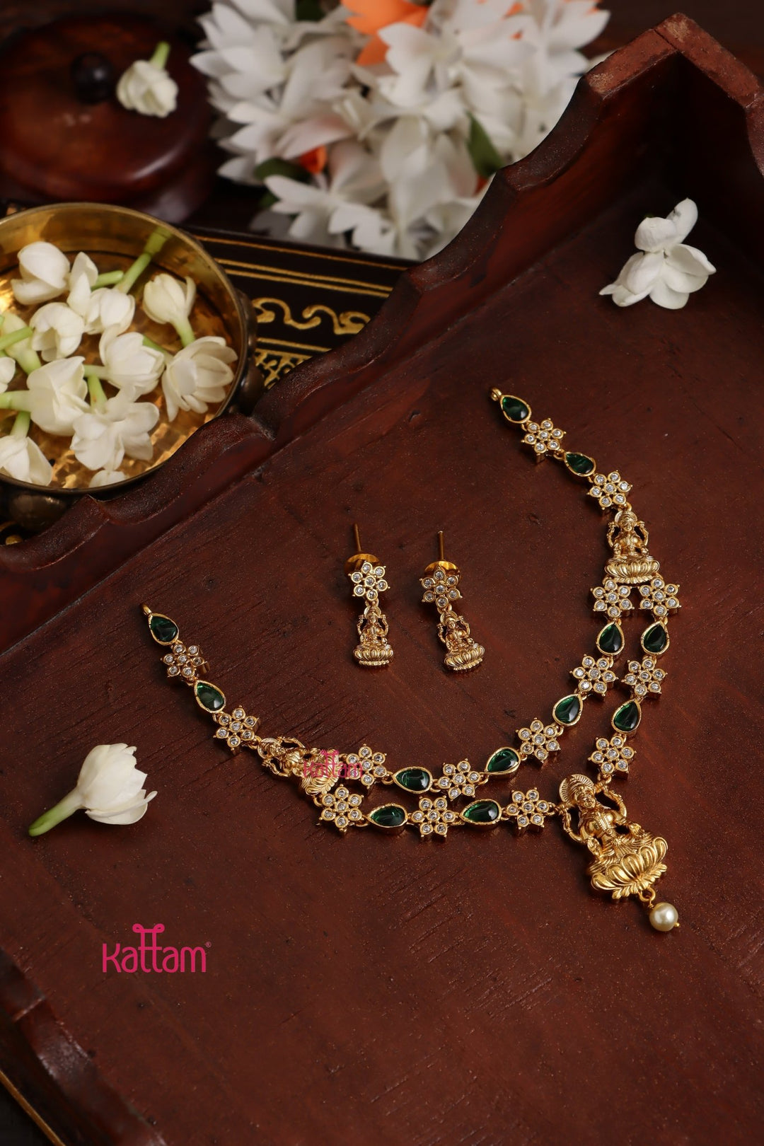 Mahalakshmi - Flower Green Stone Necklace - N3827