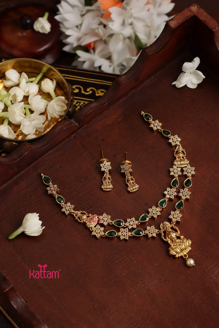 Mahalakshmi - Flower Green Stone Necklace - N3827