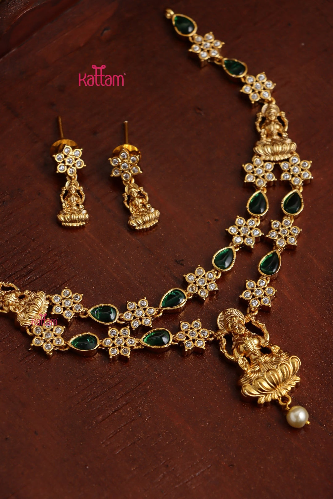 Mahalakshmi - Flower Green Stone Necklace - N3827