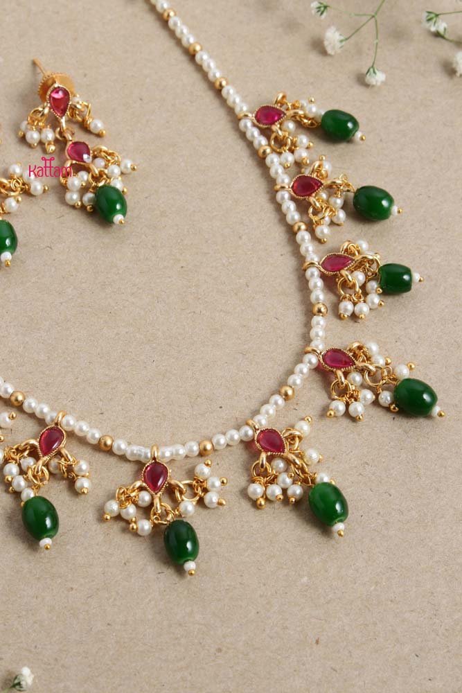 Meenakari Green Pearl Bead Choker - N2658