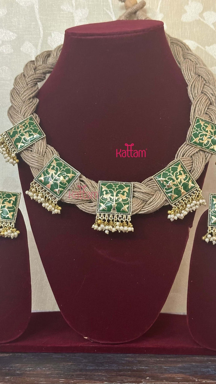Meenakari Hand Crafted Designer Jute Necklace - Olive Green - N2906