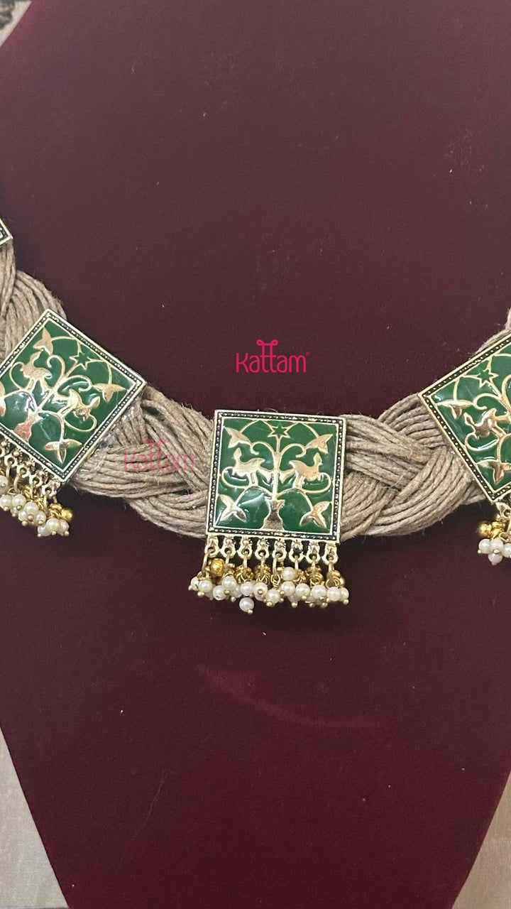Meenakari Hand Crafted Designer Jute Necklace - Olive Green - N2906
