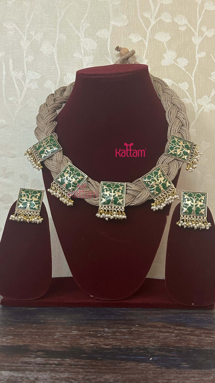 Meenakari Hand Crafted Designer Jute Necklace - Olive Green - N2906