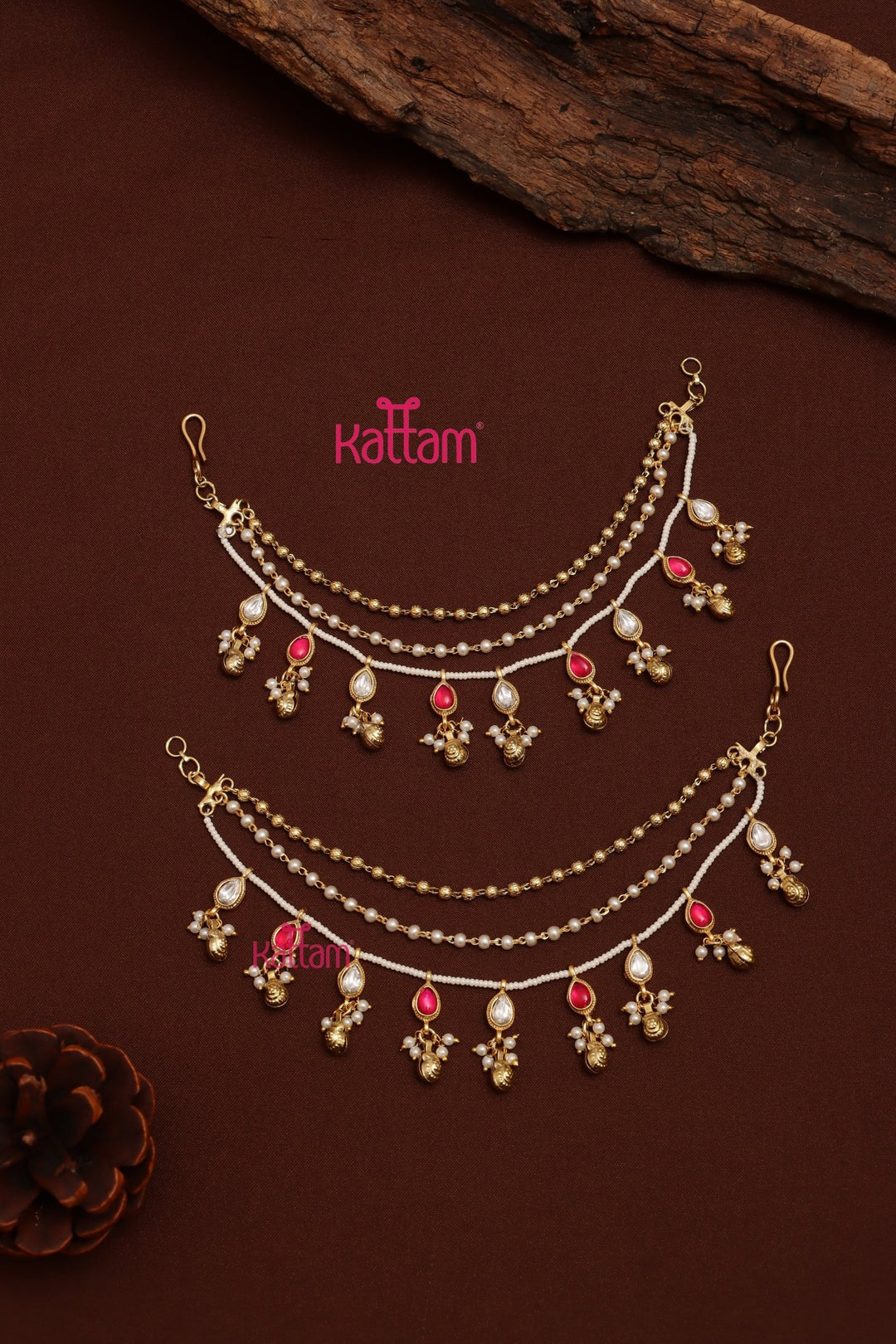 Meenakari Pearl Earchain - Rubywhite - ECO73
