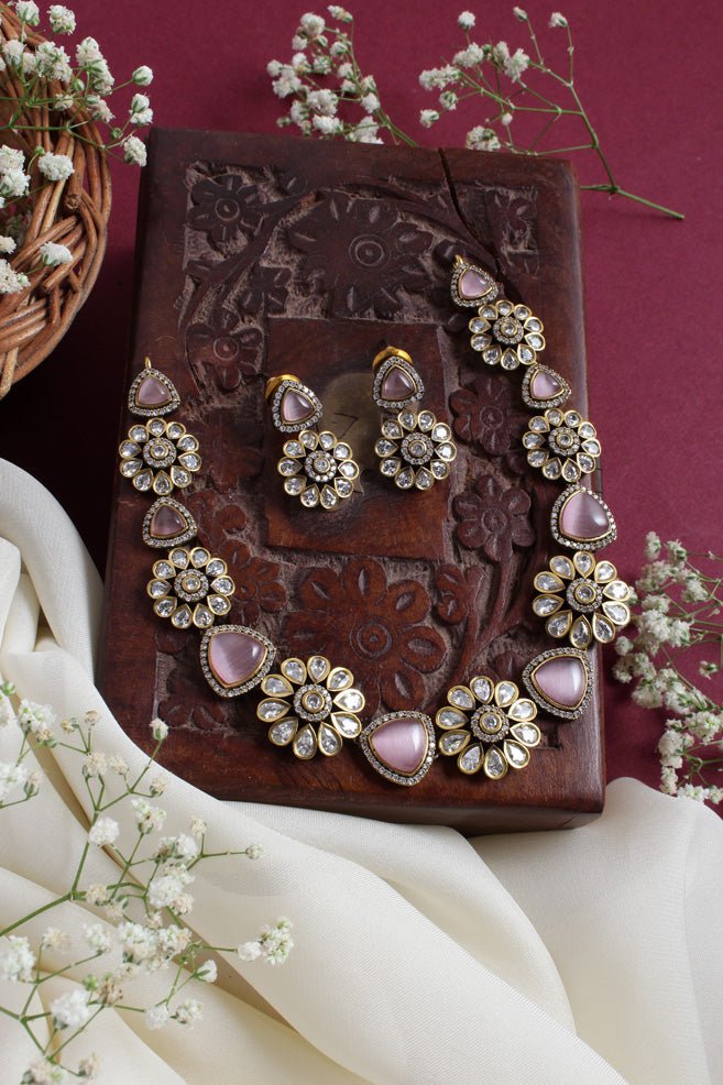 Mira - Victorian Diamond Stone Pastel Pink Floral choker - N2399