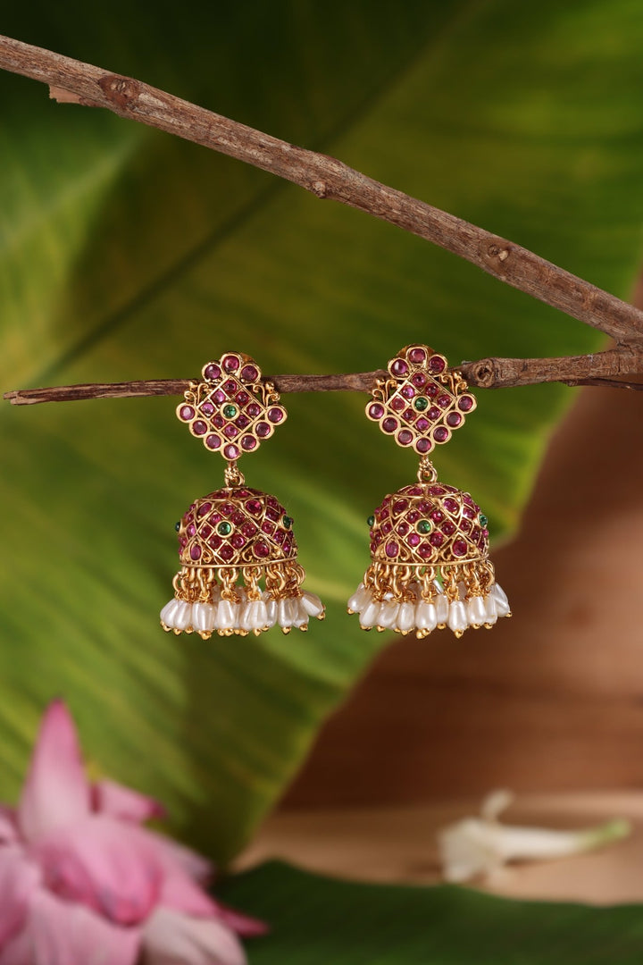 Motif Patterned Rice pearl Jhumka - E1449