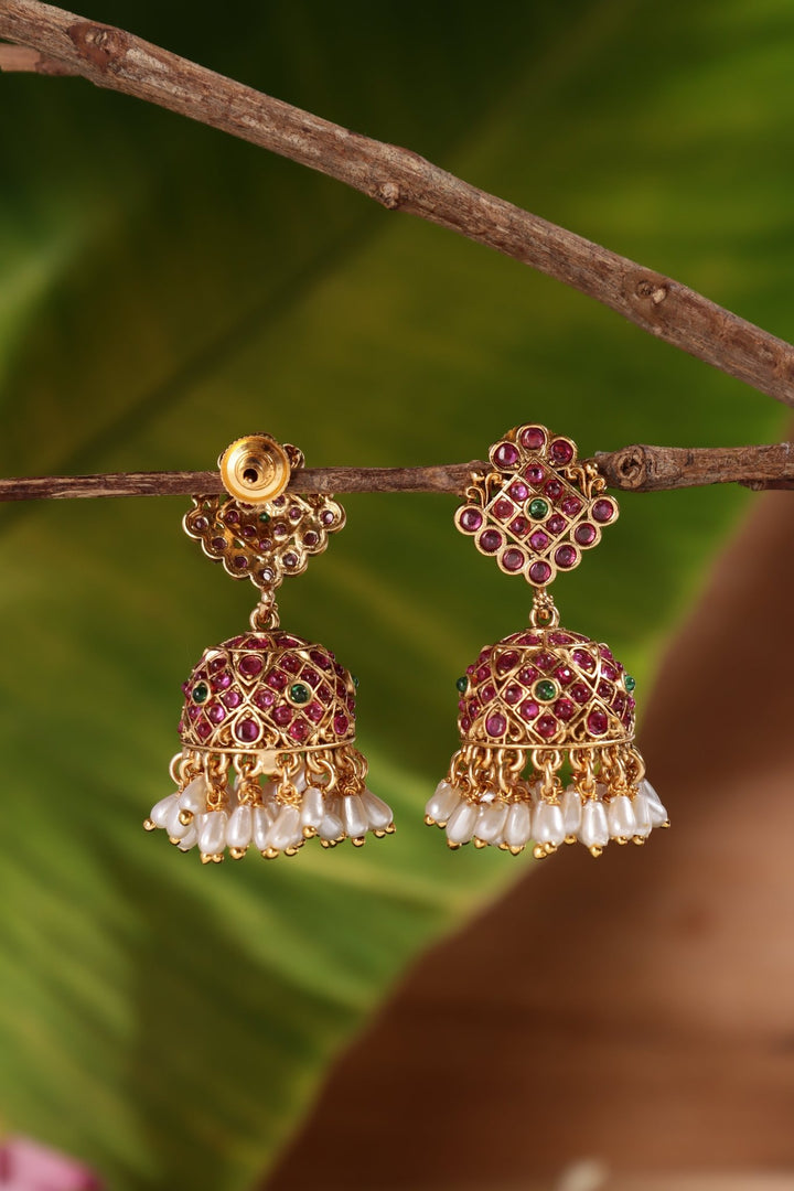 Motif Patterned Rice pearl Jhumka - E1449