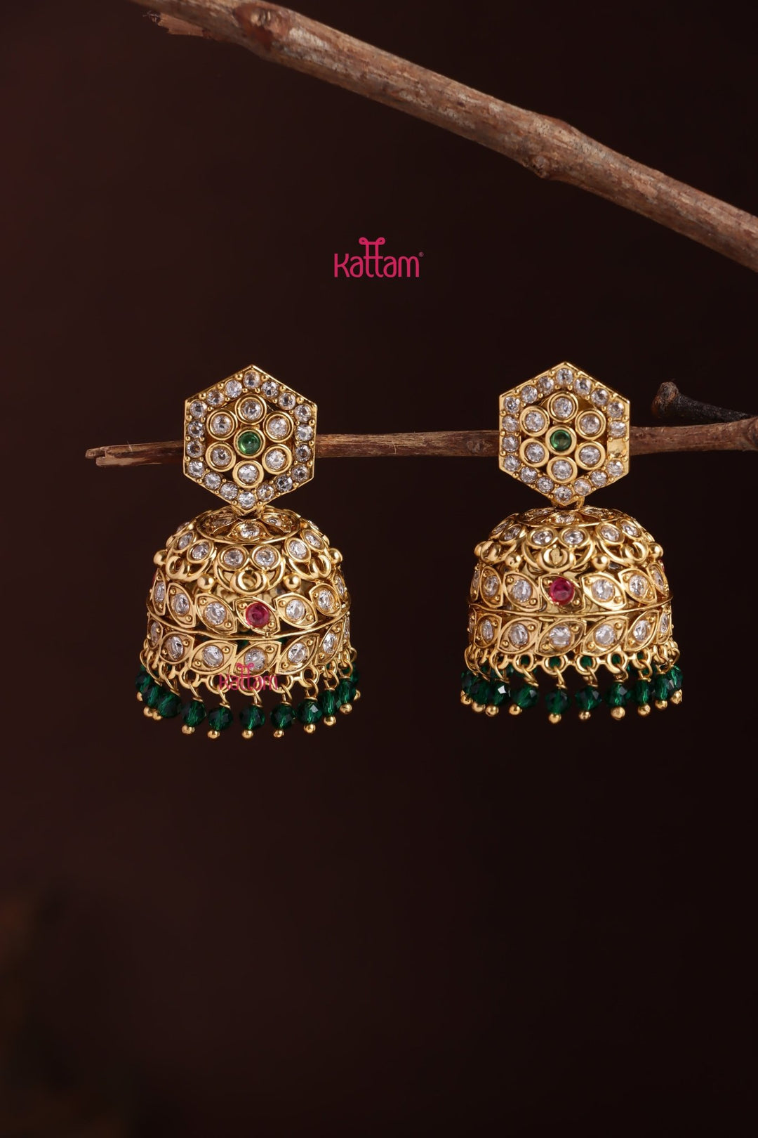 Multistone Ethnic Green Jhumka - E1222