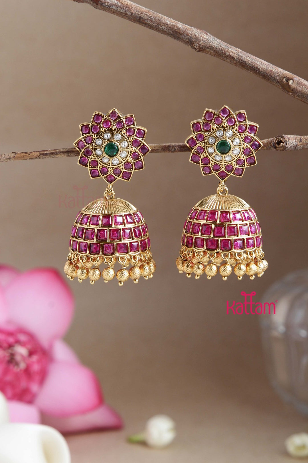 Multistone Flower Kemp Jhumka - E795