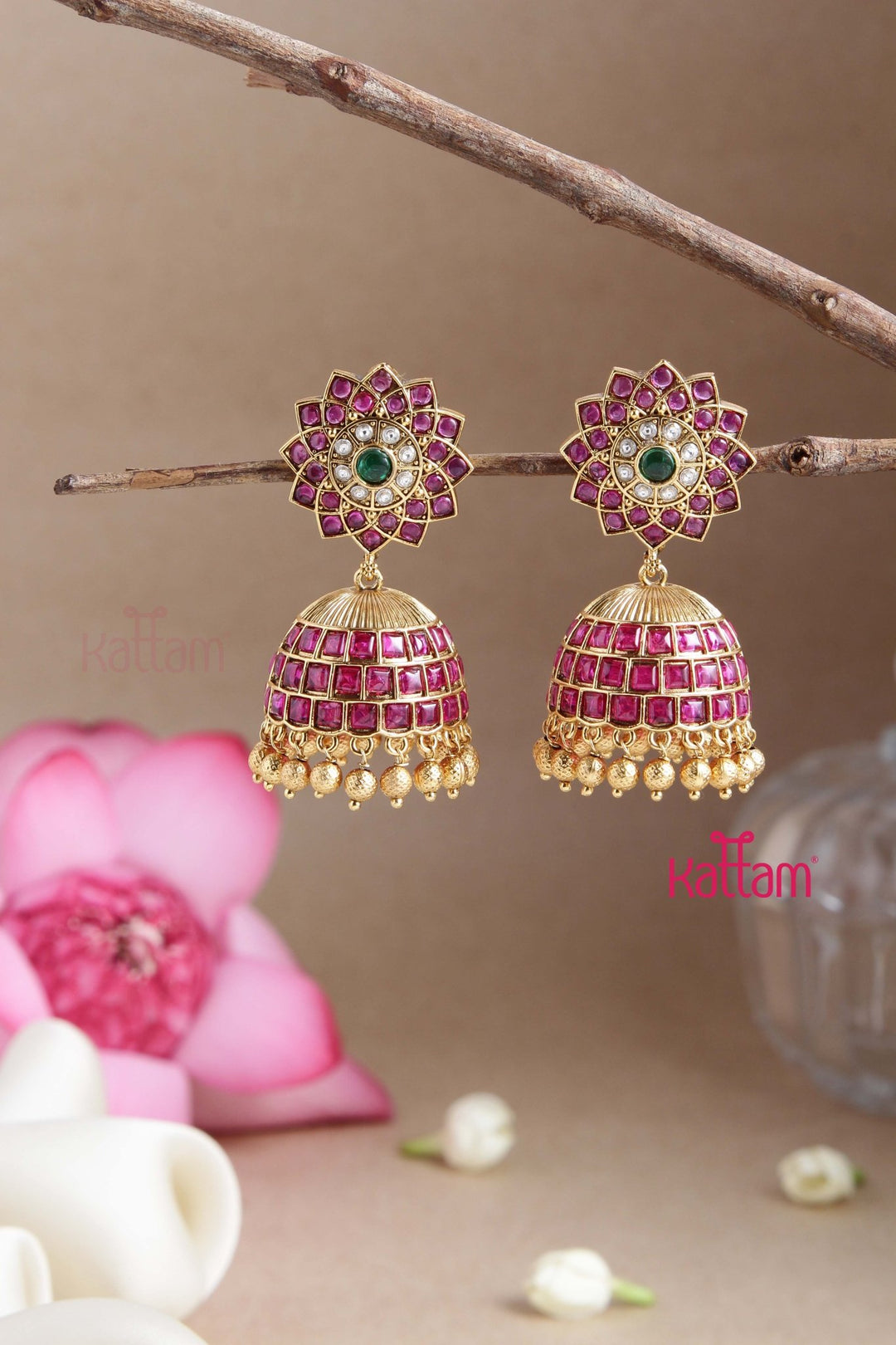 Multistone Flower Kemp Jhumka - E795