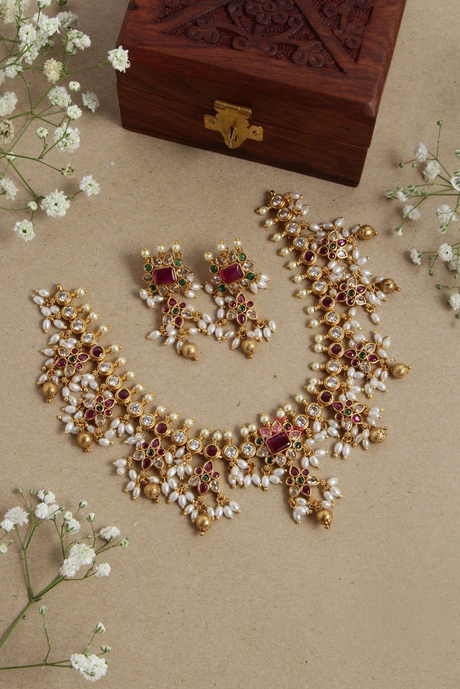 Multistone Flower Stone Rice Pearl Guttapusalu Choker - N2679