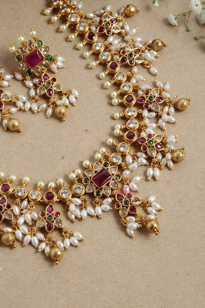 Multistone Flower Stone Rice Pearl Guttapusalu Choker - N2679