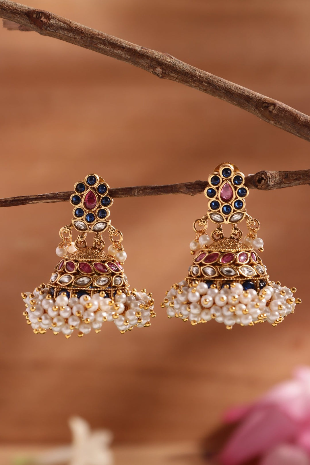 Multistone Pearl Bunch Jhumka - E1479