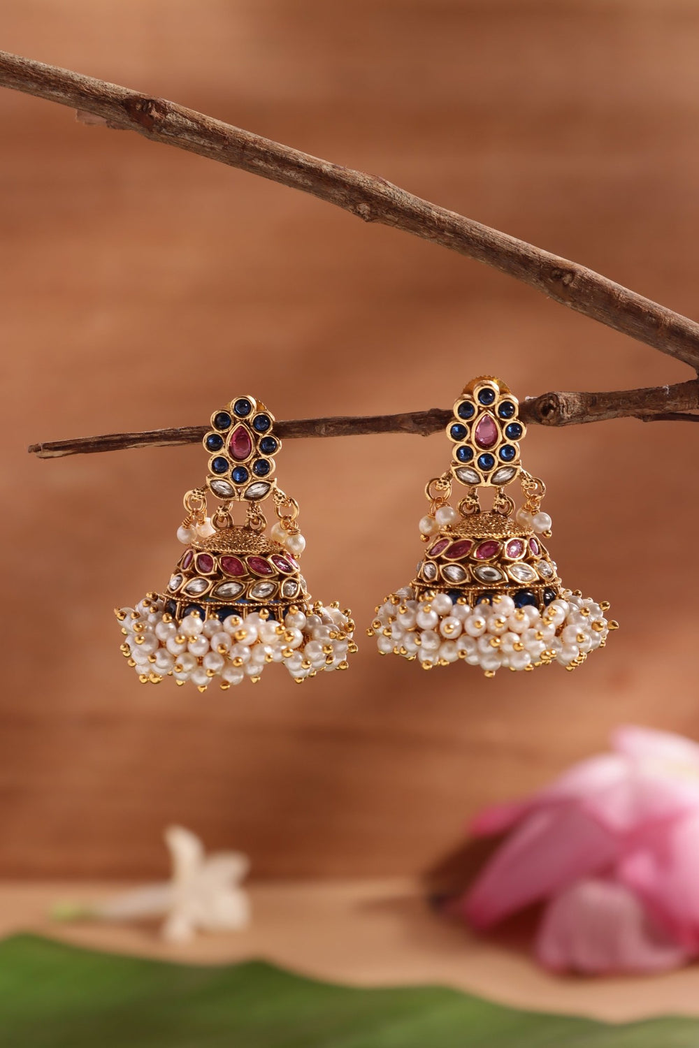 Multistone Pearl Bunch Jhumka - E1479
