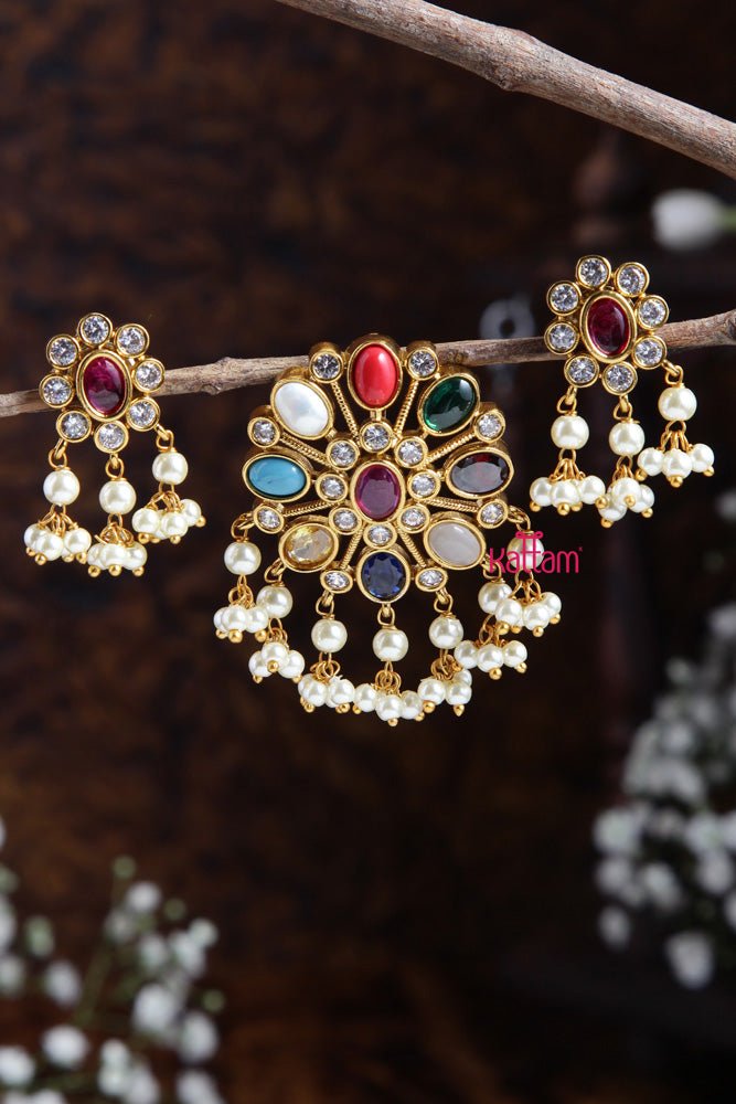 Navarathna Pendant With Earring Design - 2 - P016